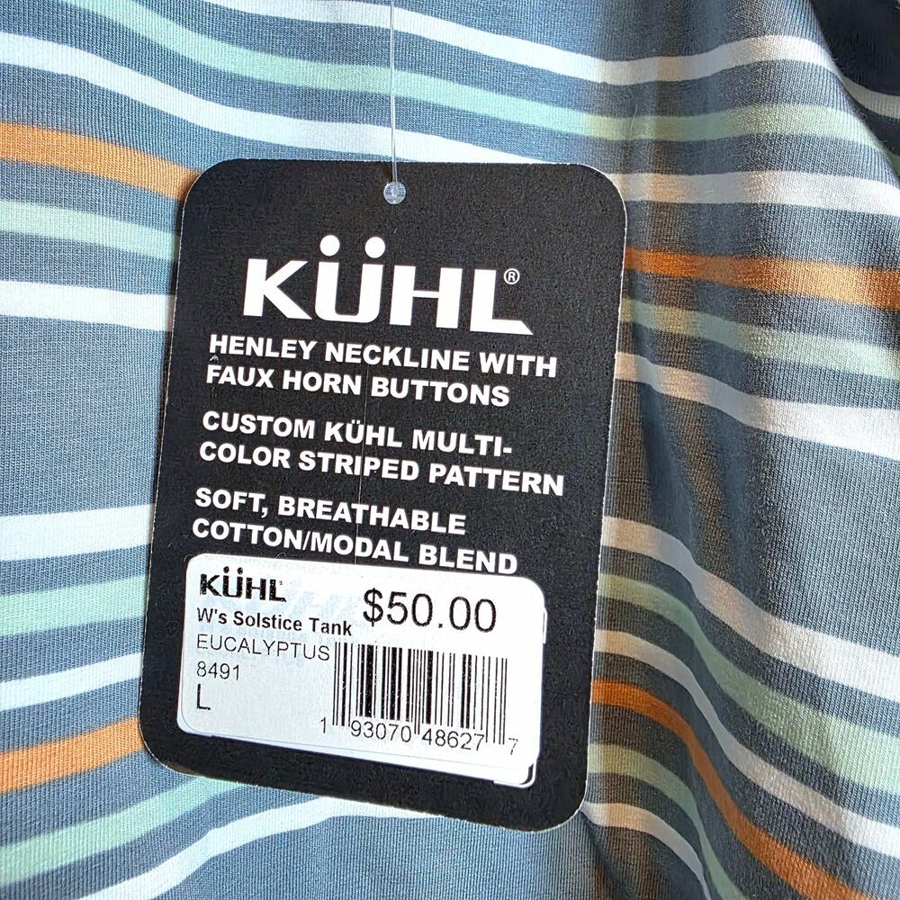 Kuhl Solstice Tank Top Henley Stripe Sz Large Blue Green Shirt Buttons Stretch - Picture 10 of 15